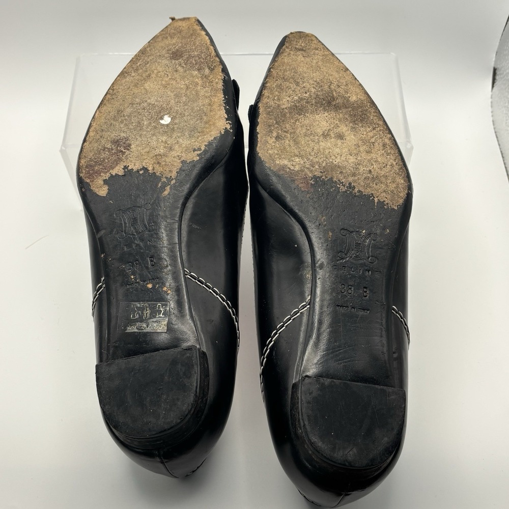 Vintage CELINE Paris Black Leather Kiltie Loafers White Stitch 38 B Made‎ Italy - Picture 9 of 11
